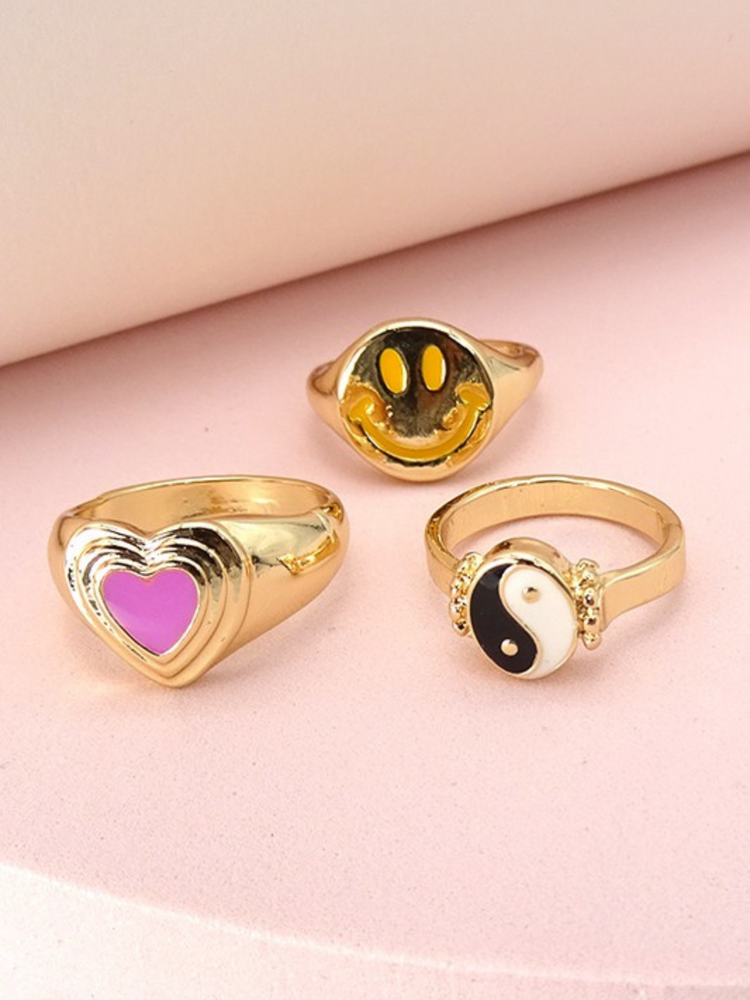 YING YANG SMILY HEART 3 RING SET