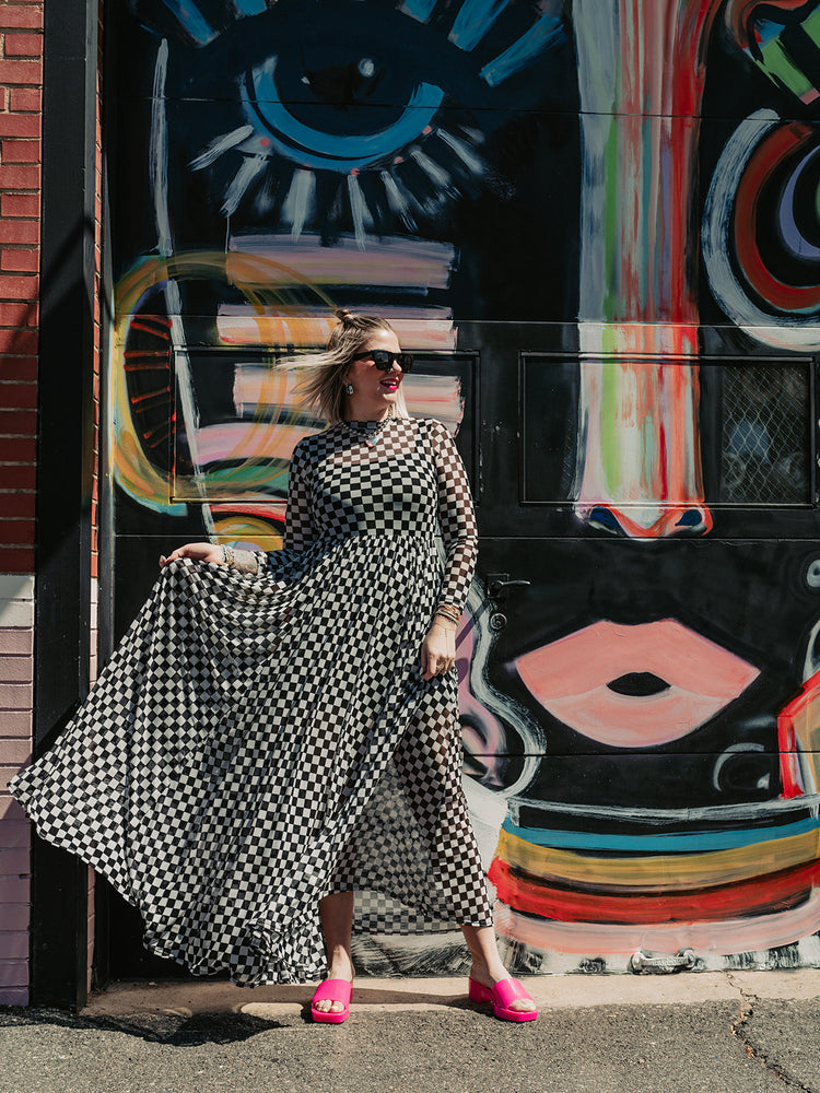 FIERCE FEMALE MESH MAXI DRESS IN CHECKERED PRINT S-3XL