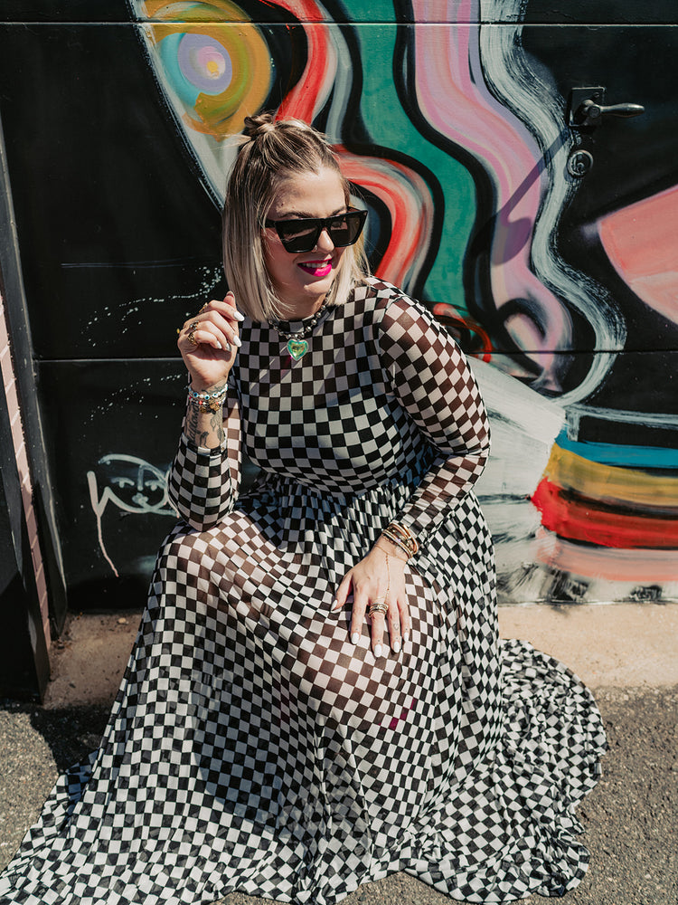 FIERCE FEMALE MESH MAXI DRESS IN CHECKERED PRINT S-3XL