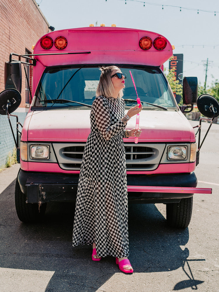 FIERCE FEMALE MESH MAXI DRESS IN CHECKERED PRINT S-3XL