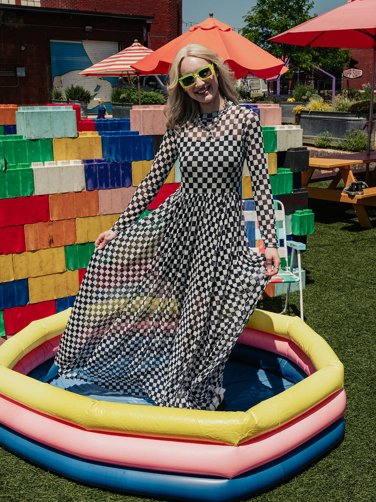 FIERCE FEMALE MESH MAXI DRESS IN CHECKERED PRINT S-3XL