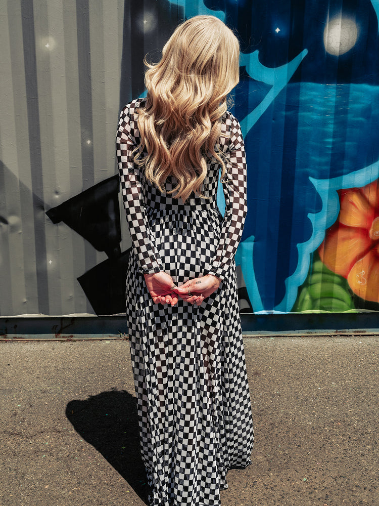 FIERCE FEMALE MESH MAXI DRESS IN CHECKERED PRINT S-3XL