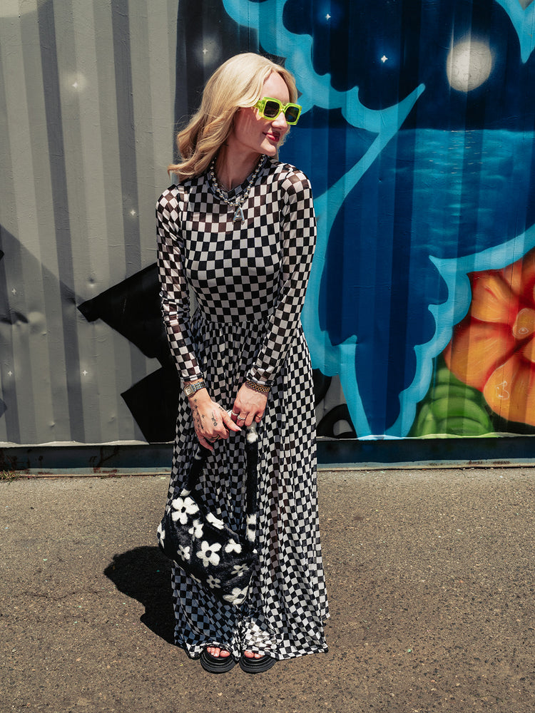 FIERCE FEMALE MESH MAXI DRESS IN CHECKERED PRINT S-3XL