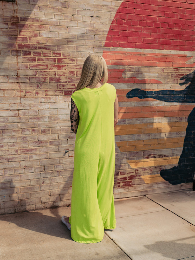 DAY TRIP WIDE LEG JUMPSUIT IN LIME PUNCH