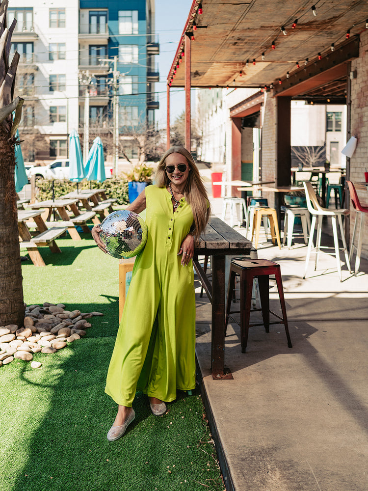 DAY TRIP WIDE LEG JUMPSUIT IN LIME PUNCH