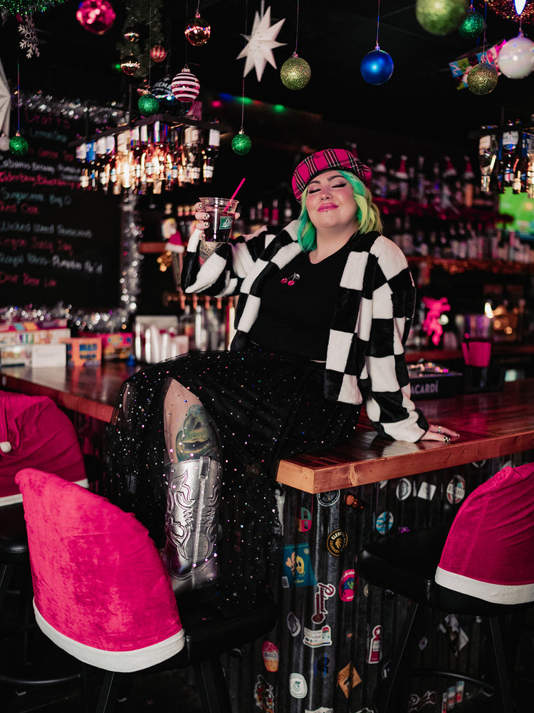 AFTER PARTY ENERGY CHECKERED FAUX FUR COAT