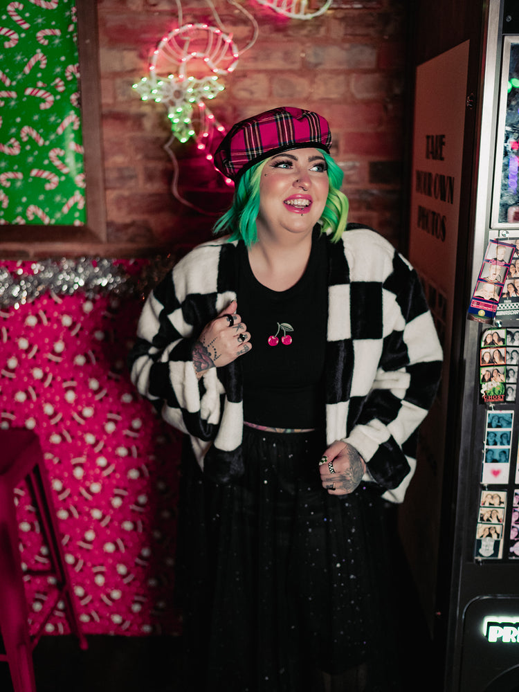 AFTER PARTY ENERGY CHECKERED FAUX FUR COAT