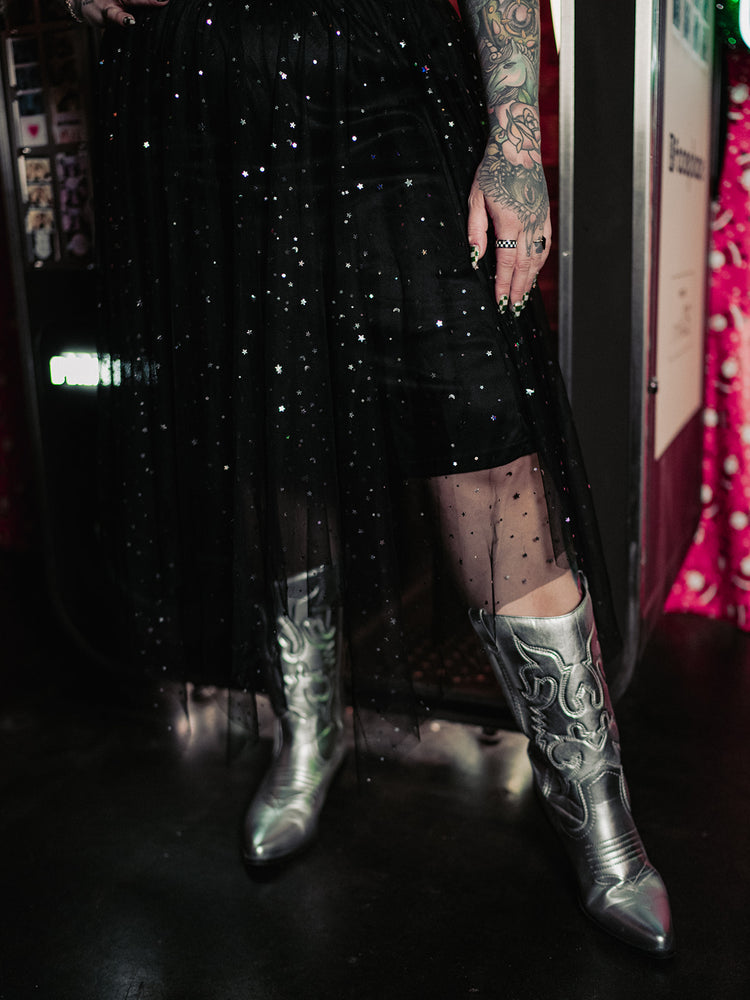 BORN TO SPARKLE MESH MIDI SKIRT