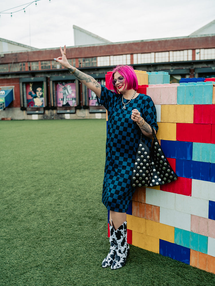 BLENDING IN IS BORING CHECKERED RIBBED DRESS IN TOTALLY TEAL