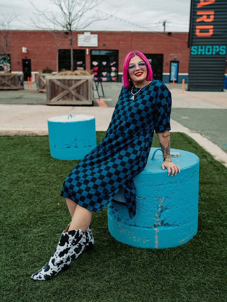 BLENDING IN IS BORING CHECKERED RIBBED DRESS IN TOTALLY TEAL