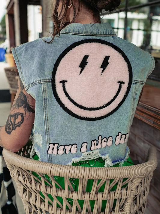 GOOD VIBES ONLY DISTRESSED DENIM VEST