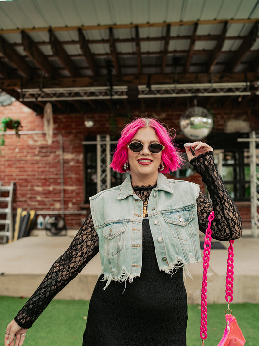 GOOD VIBES ONLY DISTRESSED DENIM VEST