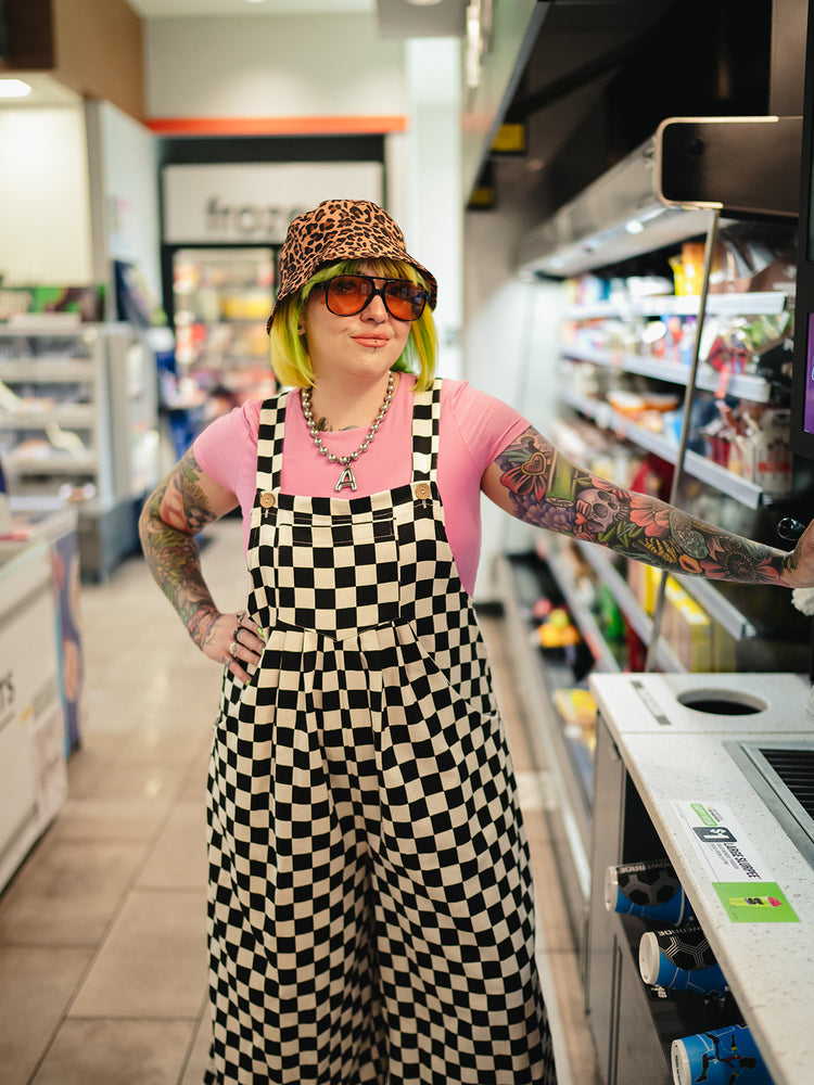 SKATER GIRL WIDE LEG CHECKERED OVERALLS