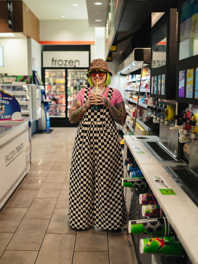 SKATER GIRL WIDE LEG CHECKERED OVERALLS