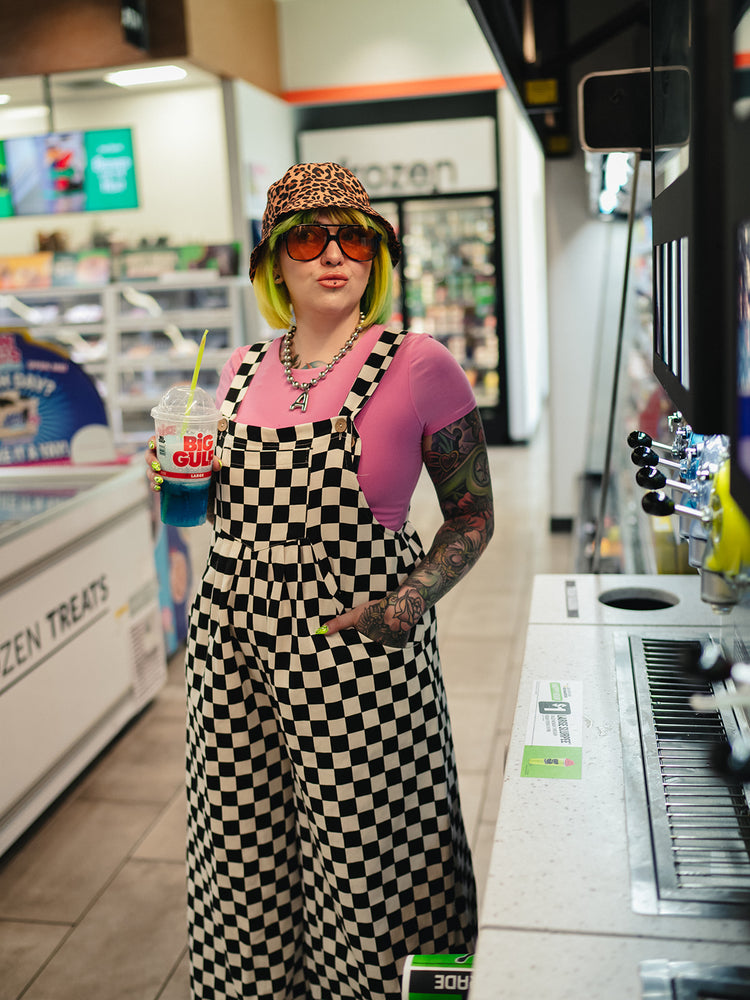SKATER GIRL WIDE LEG CHECKERED OVERALLS