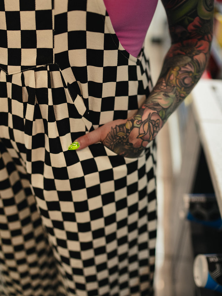 SKATER GIRL WIDE LEG CHECKERED OVERALLS
