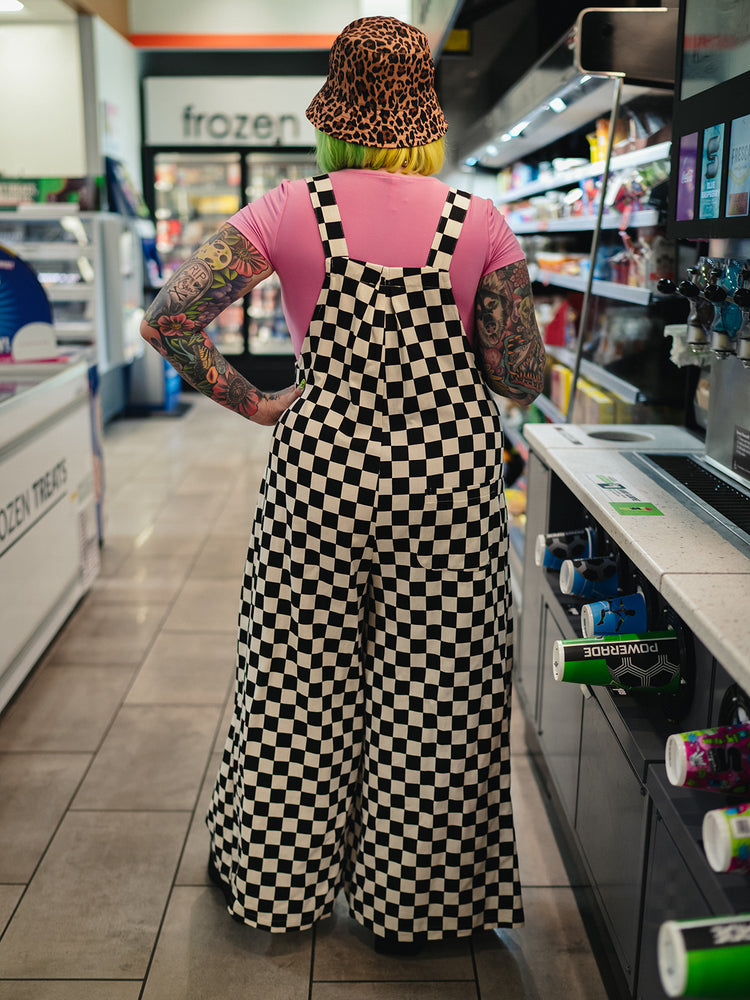SKATER GIRL WIDE LEG CHECKERED OVERALLS