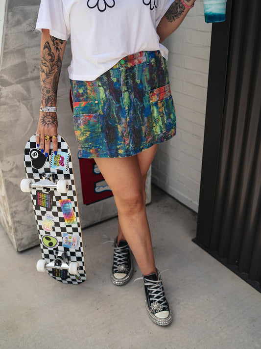 TEENAGE DIRTBAG SPLATTER PAINT DENIM SKORT