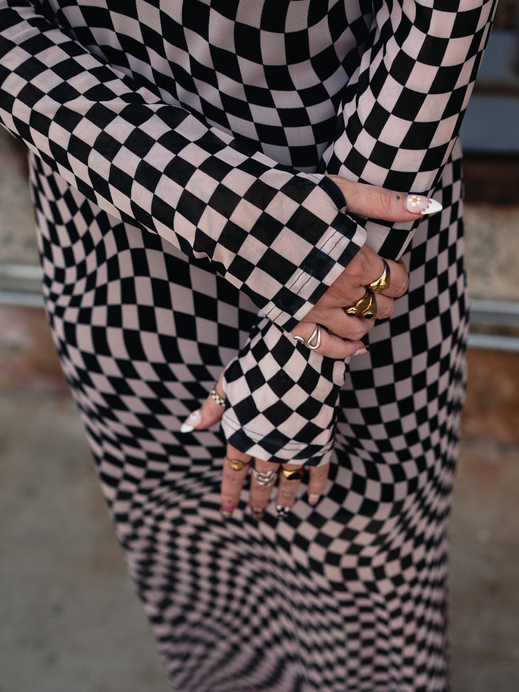 REALITY CHECK MESH MIDI DRESS