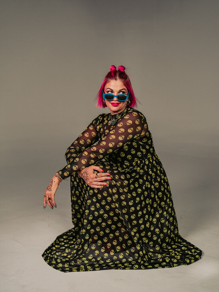 *PREORDER* ALORA EDEN EXCLUSIVE: FIERCE FEMALE MESH MAXI DRESS IN ALIEN INVASION S-3XL