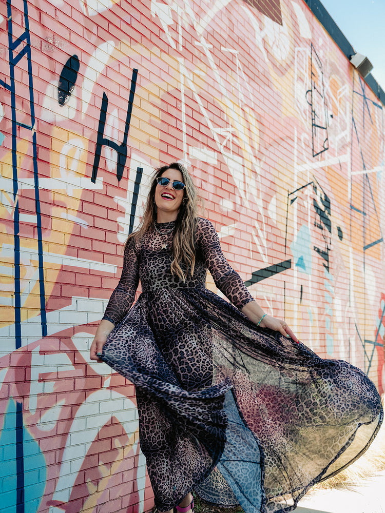 FIERCE FEMALE MESH MAXI DRESS IN MIDNIGHT MAYHEM