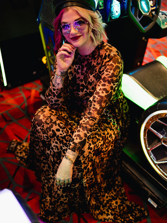 FIERCE FEMALE MESH MAXI DRESS IN LEVELED UP LEOPARD S-3XL