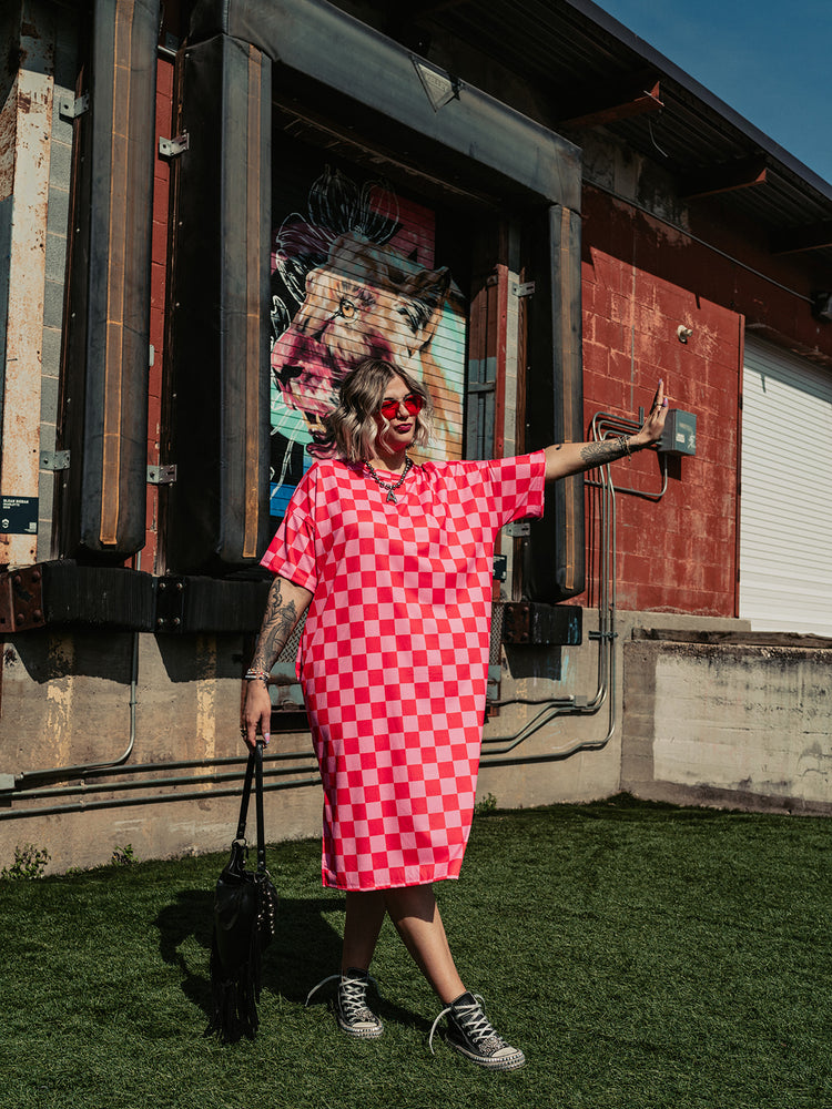 *RESTOCKED!* BLENDING IN IS BORING CHECKERED RIBBED DRESS IN PINK GRAPEFRUIT