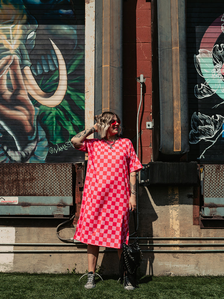 *RESTOCKED!* BLENDING IN IS BORING CHECKERED RIBBED DRESS IN PINK GRAPEFRUIT