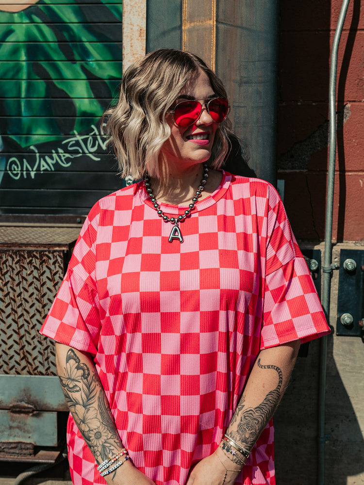 *RESTOCKED!* BLENDING IN IS BORING CHECKERED RIBBED DRESS IN PINK GRAPEFRUIT