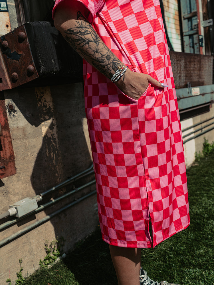 *RESTOCKED!* BLENDING IN IS BORING CHECKERED RIBBED DRESS IN PINK GRAPEFRUIT