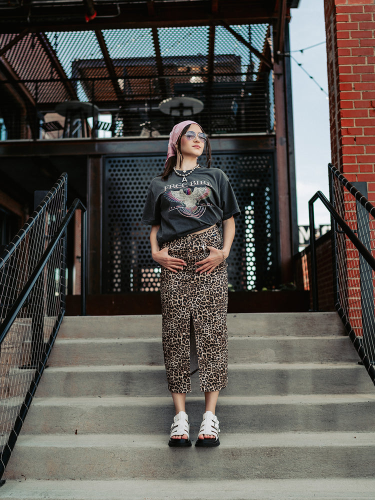 REBEL SOUL LEOPARD DENIM MAXI SKIRT S-XL