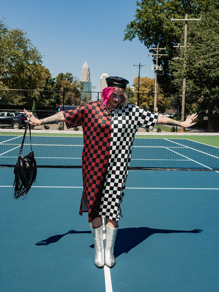 BLENDING IN IS BORING CHECKERED RIBBED DRESS IN MOODY MOCHA S-3XL