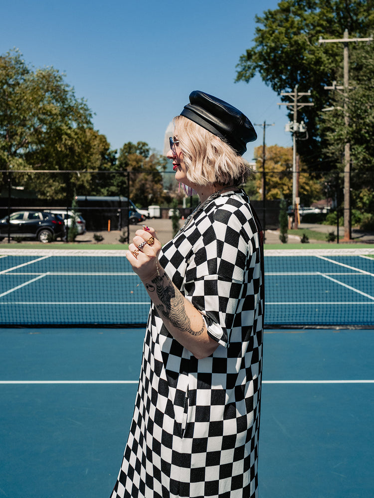 BLENDING IN IS BORING CHECKERED RIBBED DRESS IN MOODY MOCHA S-3XL