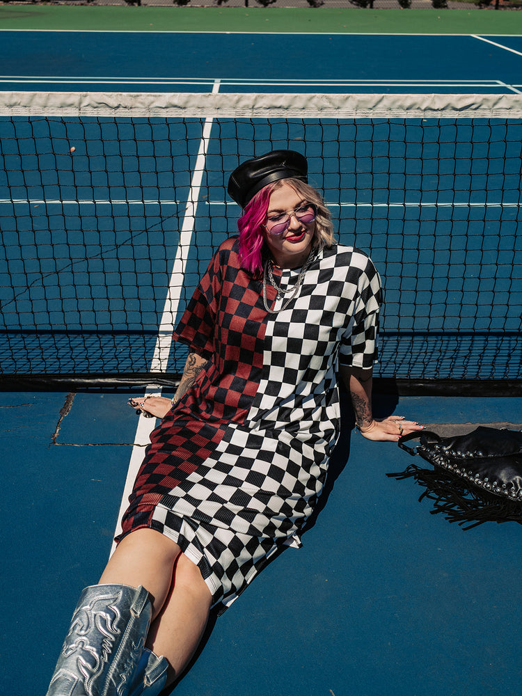 BLENDING IN IS BORING CHECKERED RIBBED DRESS IN MOODY MOCHA S-3XL