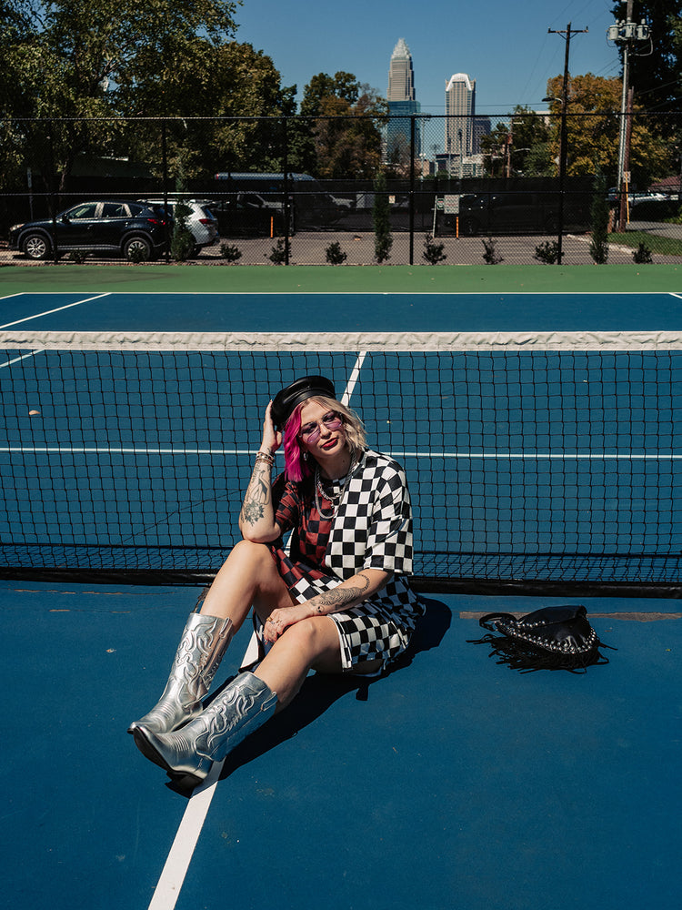 BLENDING IN IS BORING CHECKERED RIBBED DRESS IN MOODY MOCHA S-3XL