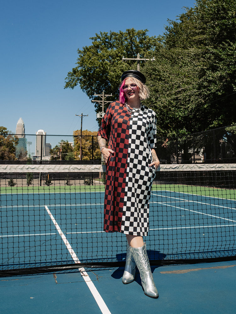 BLENDING IN IS BORING CHECKERED RIBBED DRESS IN MOODY MOCHA S-3XL