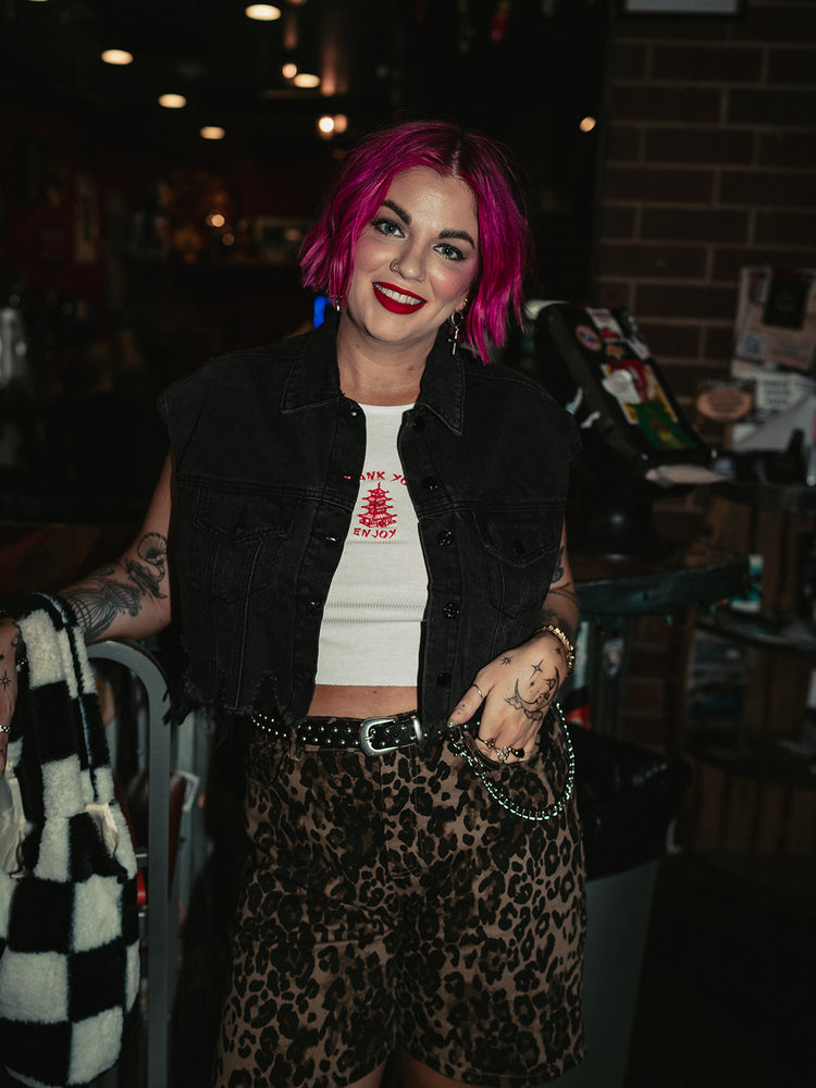 GOOD VIBES ONLY DISTRESSED DENIM VEST IN ROCK & ROLL