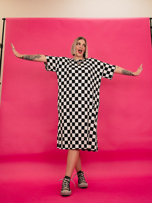 BLENDING IN IS BORING CHECKERED RIBBED DRESS