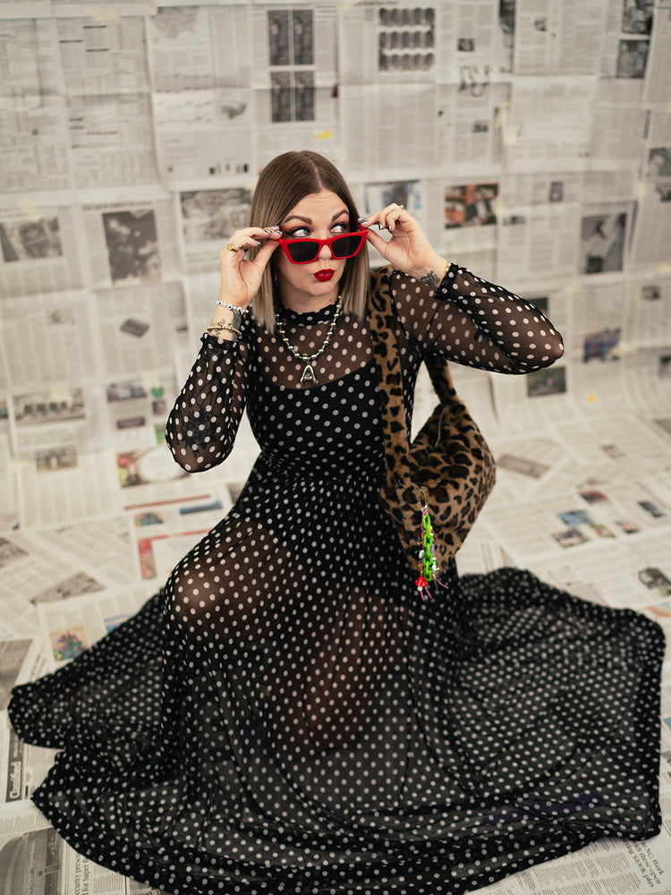 FIERCE FEMALE MESH MAXI DRESS IN POLKA DOT S-XL