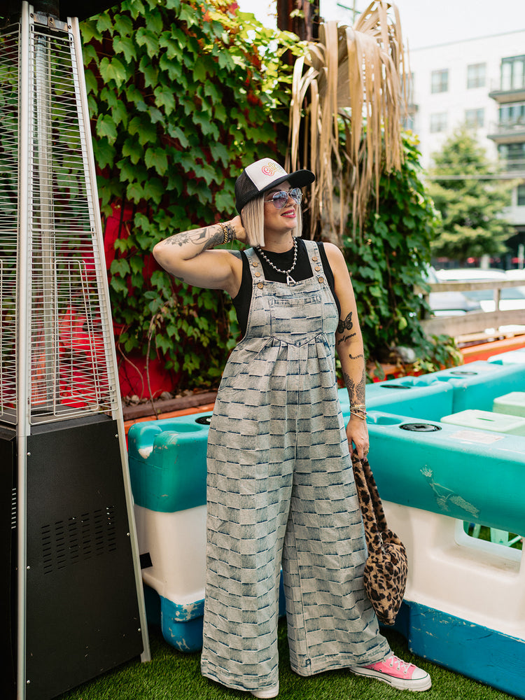 ROAD TRIP CHECKERED DENIM OVERALLS