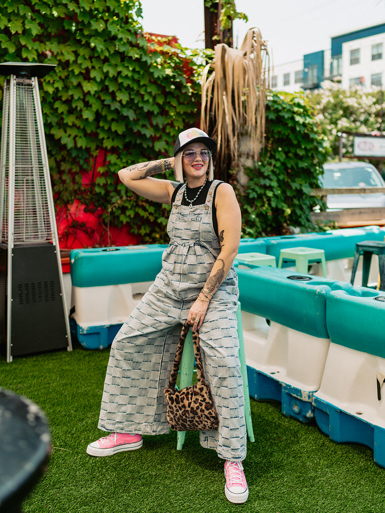 ROAD TRIP CHECKERED DENIM OVERALLS