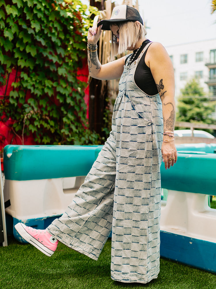 ROAD TRIP CHECKERED DENIM OVERALLS