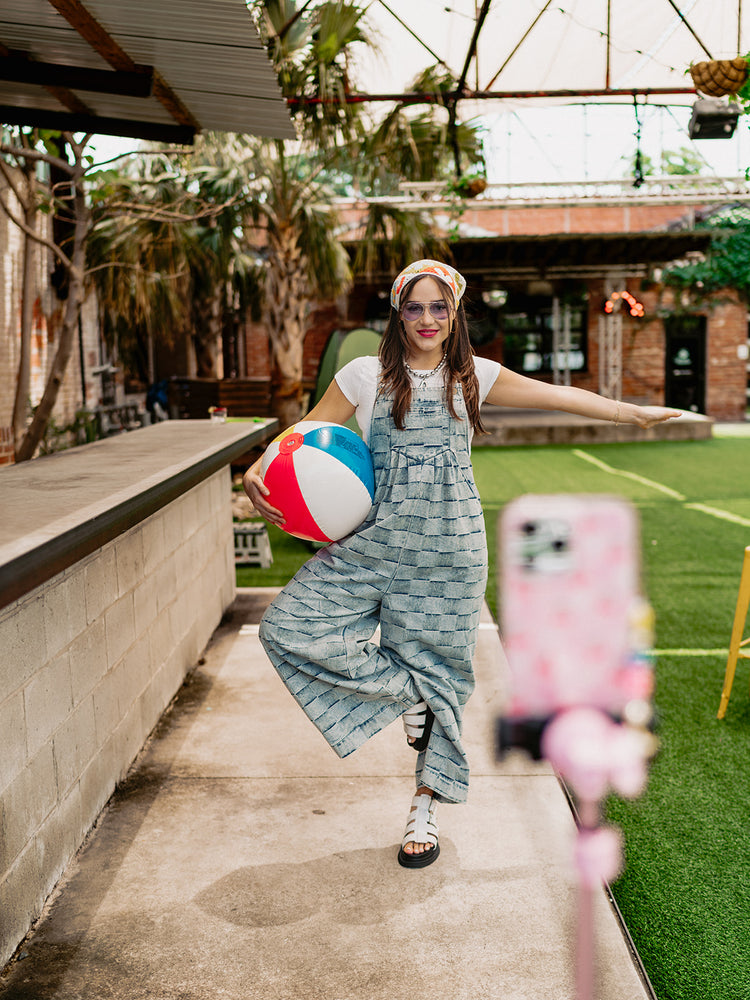 ROAD TRIP CHECKERED DENIM OVERALLS