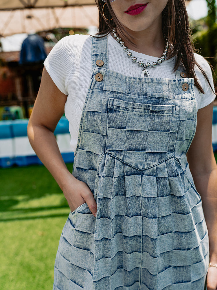 ROAD TRIP CHECKERED DENIM OVERALLS