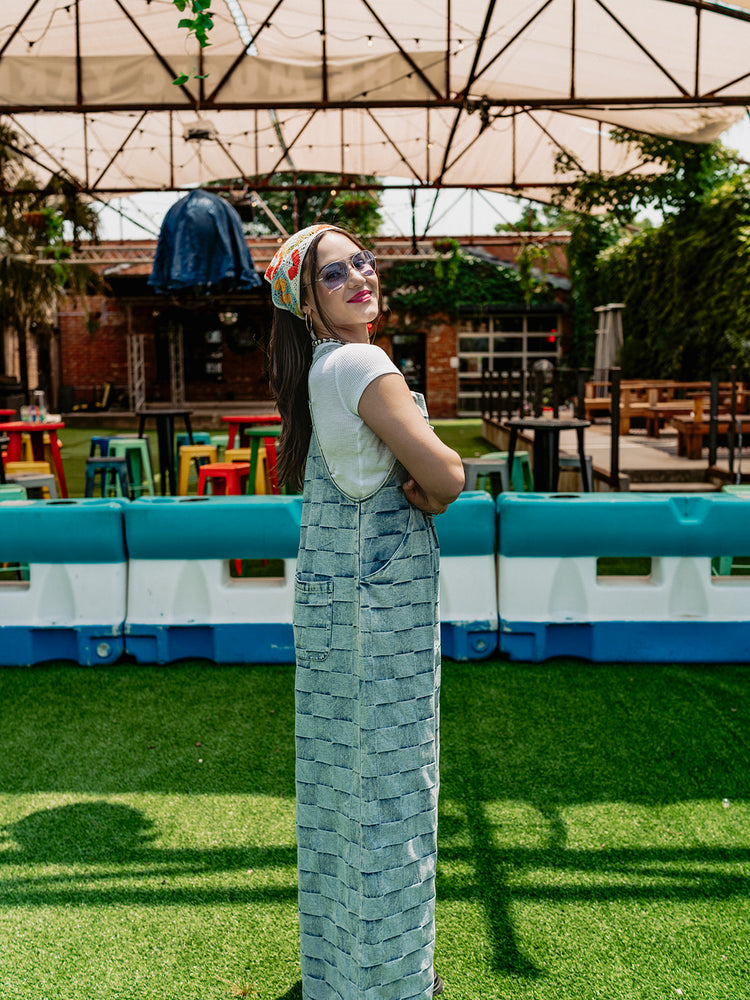 ROAD TRIP CHECKERED DENIM OVERALLS