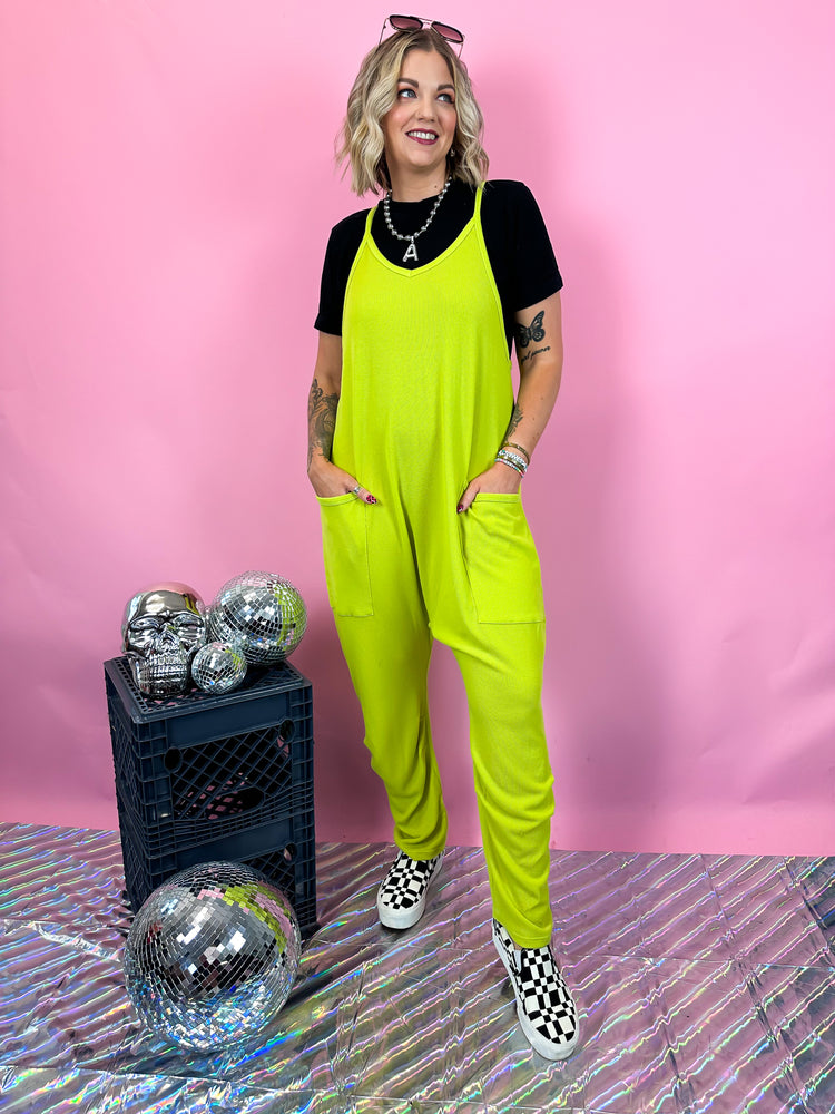 TAKE IT EASY RIBBED KNIT JUMPSUIT IN ONLINE LIME