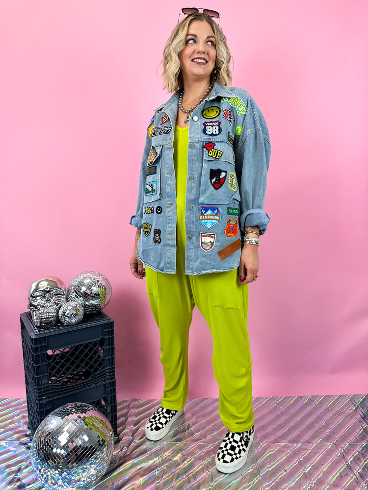 NO BAD VIBES PATCHED OUT LUXE JACKET IN DENIM