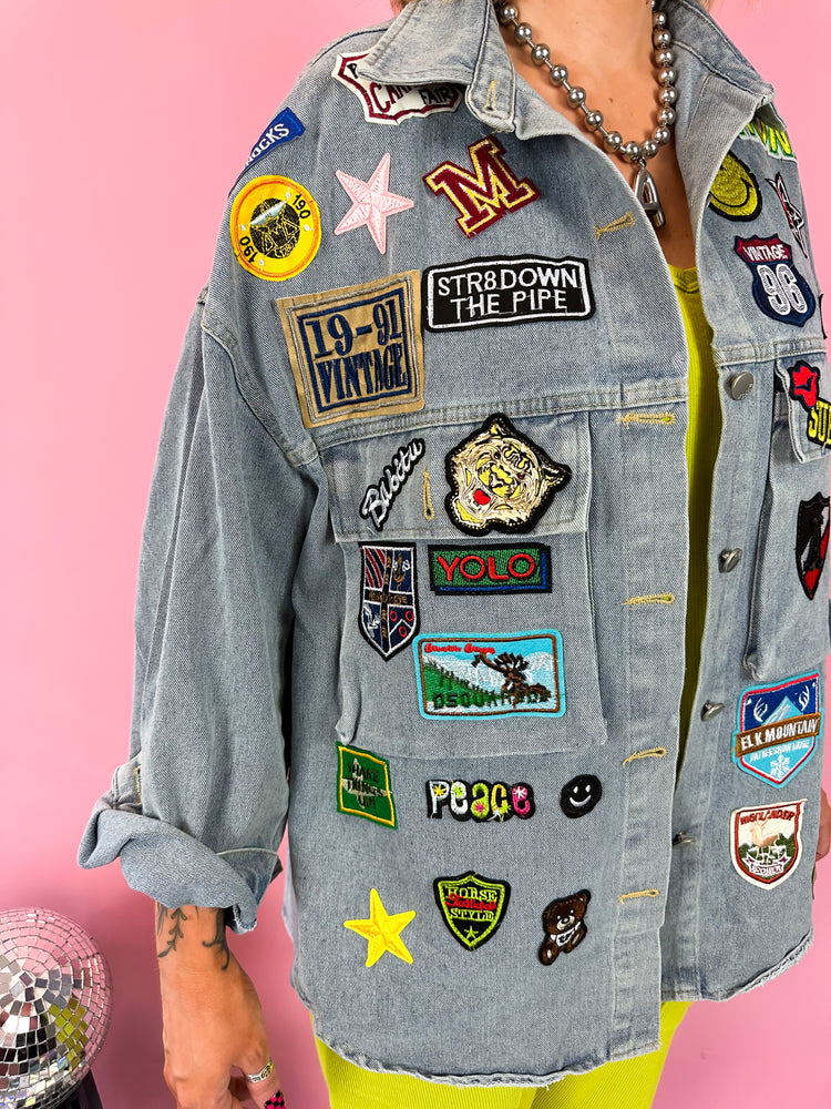 NO BAD VIBES PATCHED OUT LUXE JACKET IN DENIM