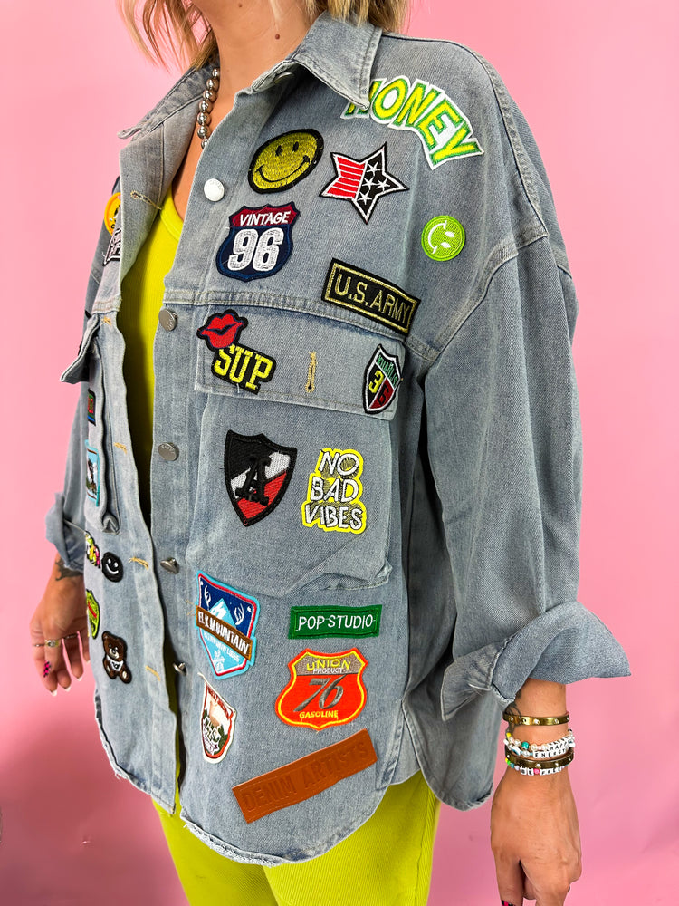 NO BAD VIBES PATCHED OUT LUXE JACKET IN DENIM