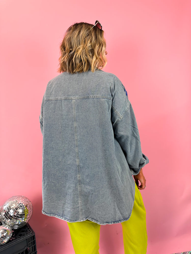 NO BAD VIBES PATCHED OUT LUXE JACKET IN DENIM